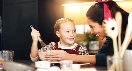 Whisk, happy mother and child baking on Christmas for learning, love and mix dough in home kitchen....