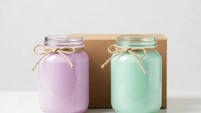Pastel Mason Jars Filled with Liquid and Tied with Twine Against a White Background with Cardboard Box