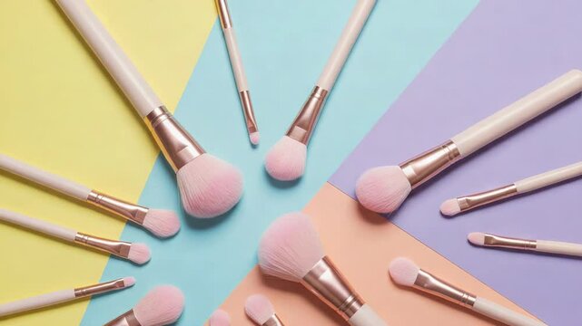Pastel Makeup Brushes Arranged on Yellow Blue Pink and Purple Background in Studio Shot