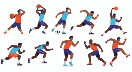 Diverse group of athletic men engaged in various basketball and soccer actions.