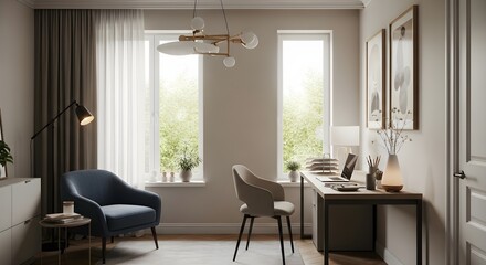 Serene Home Office Design with Neutral Tones and Natural Light