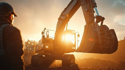 dynamic low angle shot, construction worker operating a large, modern excavator with precision, dust subtly rising, strong sunlight creating dramatic shadows