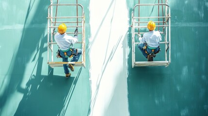 Two workers suspended in cages paint a large teal tank in bright, warm sunlight