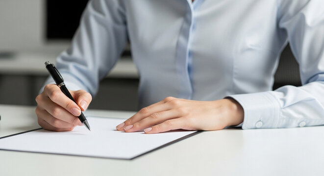 Woman Writing on Paper or Document, Close-up of Hands and Pen on Paper