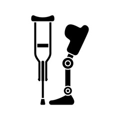 Silhouette of crutch with prosthetic leg symbolizing mobility aid and disability support isolated on white background