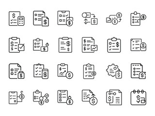 "Vector Finance and Accounting Icons Set – Budget Planning, Invoice Management, Dollar Reports, Tax Calculation, and Financial Audit Clipboard Symbols for Business Applications and Web Use"