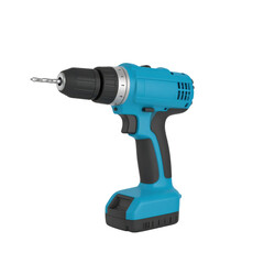 Electric drill with ergonomic handle and metal drill bit isolated on white background
