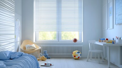 Bright child's room with blue bedding and playful toys, light wood floors and white walls