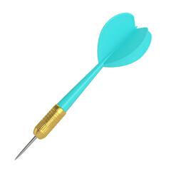 Single dart with sharp metal tip and colorful flight fins isolated on white background
