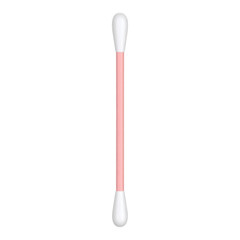 Cotton swabs packed in transparent plastic bottle with white tips and sticks isolated on white background