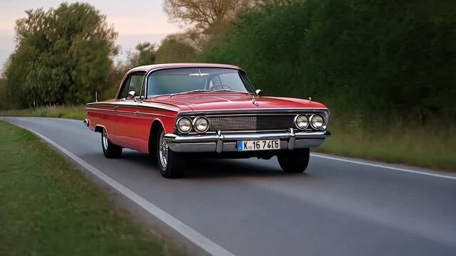 A red vintage car rides along a curving grey asphalt road, flanked by green trees under a slightly overcast sky, creating a vibrant contrast. The classic car exudes timeless elegance
