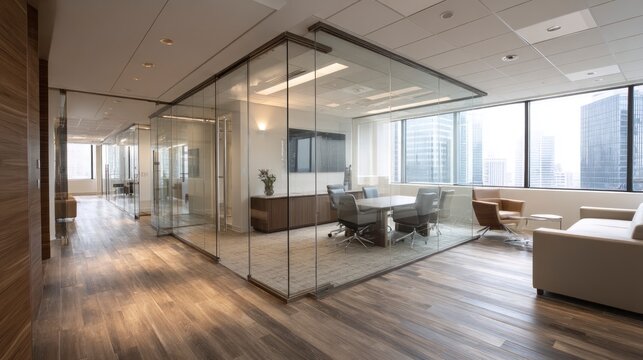 Modern office interior with glass walls conference table and natural light