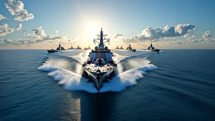 Navy vessels cut through deep blue ocean under a bright sun, with the lead ship centered and other vessels trailing behind. White clouds dot the azure sky, creating a dynamic maritime vista
