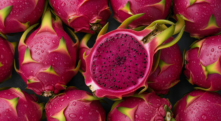 Fresh Ripe Dragon Fruit with Water Drops – Vibrant Close-Up of Exotic Fruit
