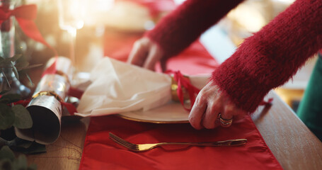 Christmas, hands and plate with person in dining room, getting ready for celebration or lunch....