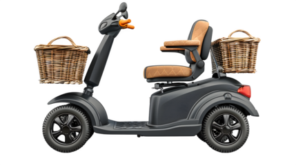Modern mobility scooter with baskets 3d rendered, isolated on transparent background