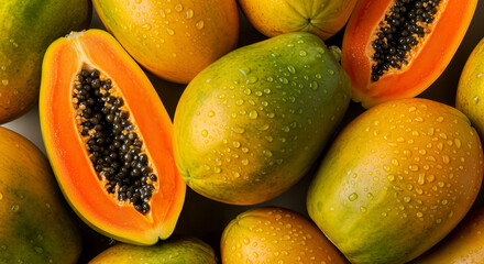 Fresh Ripe Papayas with Water Drops – Vibrant Close-Up of Tropical Fruit