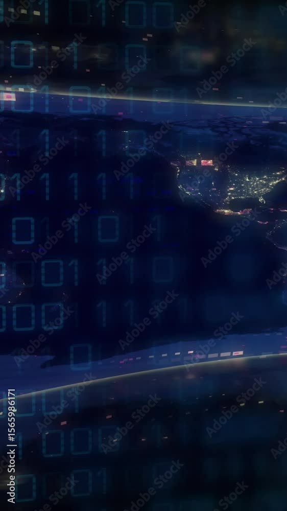 Poster animation of data processing over world map on black background