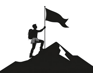 Silhouette of mountain climber ascending steep cliff symbolizing adventure and outdoor activity isolated on white background
