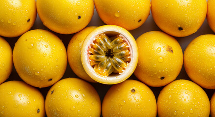 Fresh Ripe Passion Fruit with Water Drops – Vibrant Close-Up of Exotic Fruit