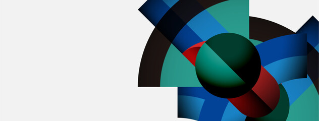 Fototapeta premium Abstract geometric composition. Overlapping arcs, circles create dynamic visual effect. Blue, green, red hues dominate design. Minimalist style.