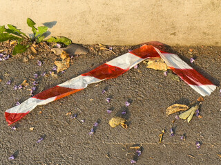 Red and white caution tape on roadside with fallen leaves and flowers
