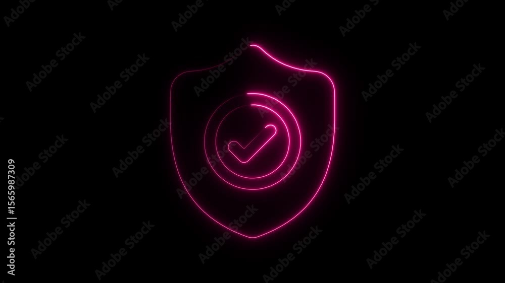 Poster glowing neon shield with checkmark symbolizing security and verification on black background