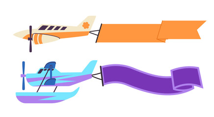 orange biplane flying with several blank banners or ribbons trailing behind it ideal for showcasing multiple aerial advertisements