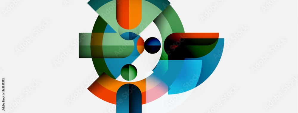 Poster Abstract geometric composition. Overlapping shapes, vibrant colors create dynamic visual experience. Modern design, clean aesthetic.