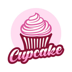 Strawberry cupcake logo vector. Simple lettering