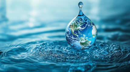 Globe shaped like water drop hovers above rippling water, symbolizing global water conservation and environmental awareness. image evokes sense of urgency and hope