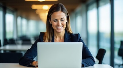 Professional businesswoman in a suit smiling while working on a laptop in a modern corporate office