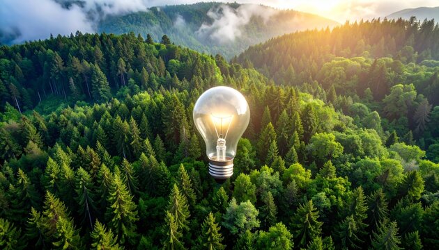 Renewable, green energy and saving energy efficiency concept. Light bulb glowing symbol amidst a lush green forest landscape with mountains and sunlight