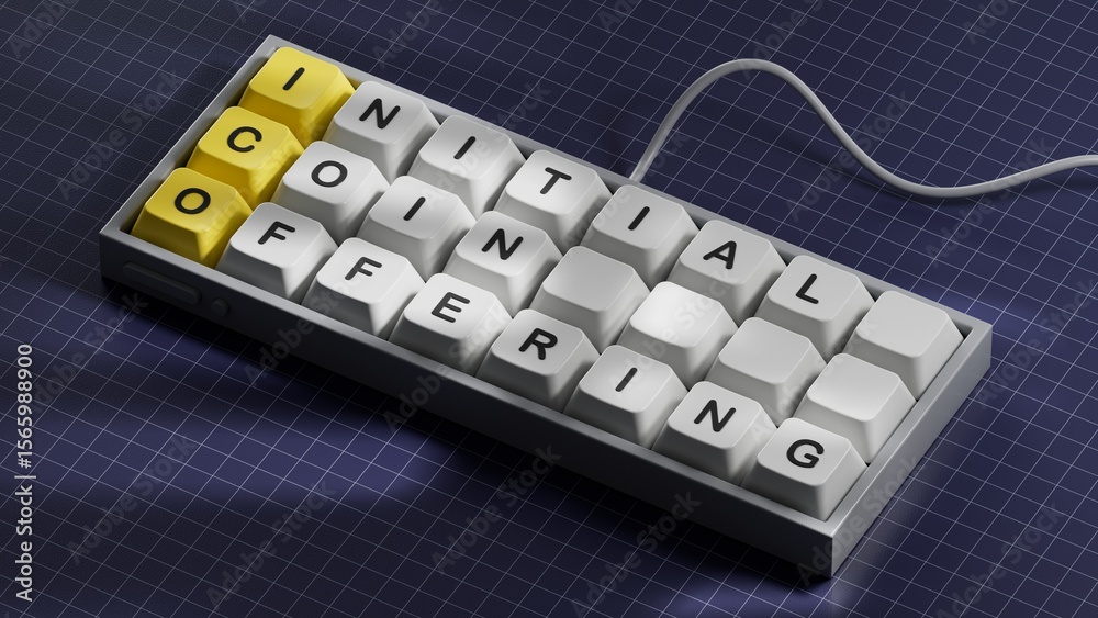 Poster letters of the alphabet of ico on computer keyboard keys. ico - short for initial coin offering. com