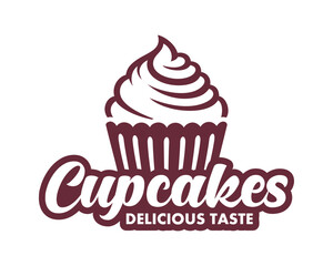Strawberry cupcake logo vector. Simple lettering