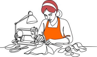 Seamstress Working with Fabric and Sewing Machine – Single Line Art