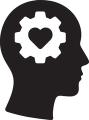 Silhouette of a human head with gear inside representing mental process, thinking, strategy, and problem solving.
