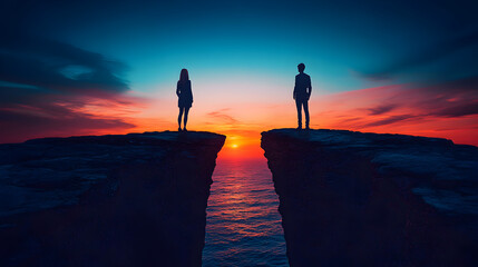 Individuals standing apart on opposite precipices reaching out, representing efforts to reconcile differences, unite separated parties, facilitate communication, and build consensus across divides