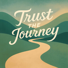 Inspirational quote “Trust the Journey” displayed over a stylized winding path through green hills, evoking calmness, hope, and forward movement.