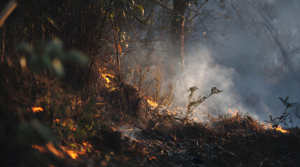 Low wildfire burning through dry forest underbrush with visible flames, smoke, and scorched vegetation in a natural wooded area.