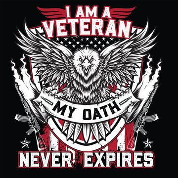 Powerful USA Army veteran design featuring a fierce eagle with wings spread, holding a banner that says "My Oath" above rifles and American flag elements&mdash;perfect for Veterans Day tribute art.