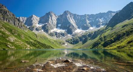 A scenic view of a mountain lake surrounded by lush green hills and snow capped mountain peaks above it