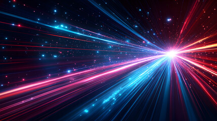 Obraz premium Vibrant streaks of luminous lines racing across a dark backdrop, symbolizing high-velocity data transfer through fiber optic networks, representing rapid internet speeds, seamless information flow, an