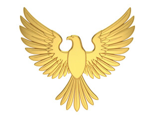 Gold eagle emblem with outstretched wings and majestic detailing isolated on white background