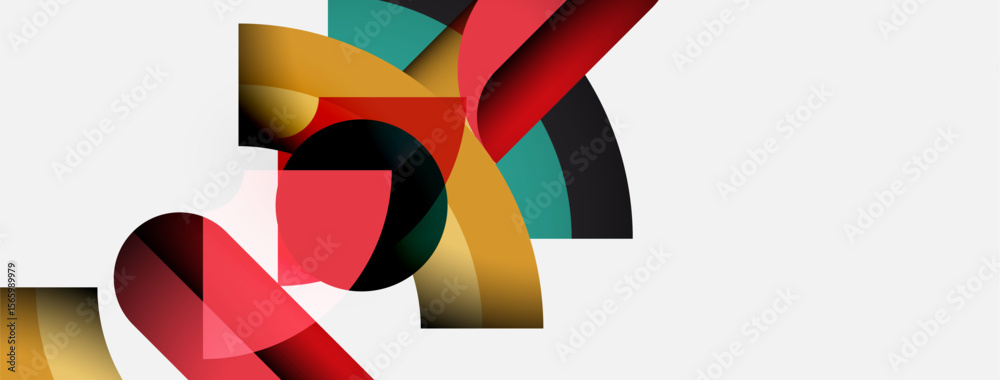 Aufkleber abstract shapes overlap, creating dynamic composition. colors include red, teal, gold, black, white.
