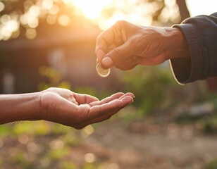 Close-up of a hand holding a coin toward a begging hand, dramatic shadows