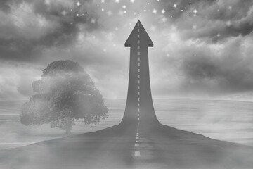 Asphalt road is morphing into upward arrow in surreal grayscale design with fog, tree, stars © vectorfusionart