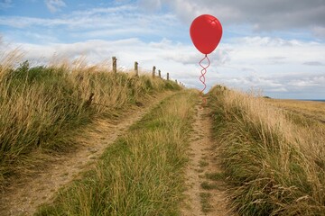 Red balloon floating above rutted track with wooden wire fence posts, wild grasses in flat design © vectorfusionart