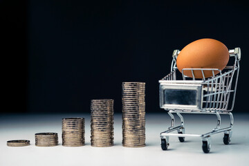 Egg in cart and many money with inflation chart stacks of coins. You must have much money to buy...