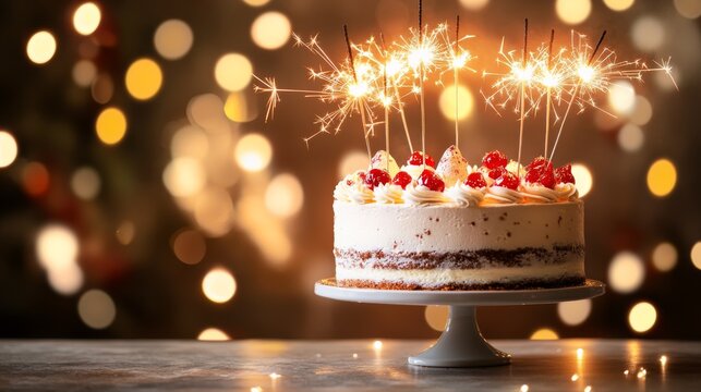Festive birthday cake on stand decorated with colorful candies and lit sparklers, glowing against warm bokeh light background




 - Powered by Adobe
